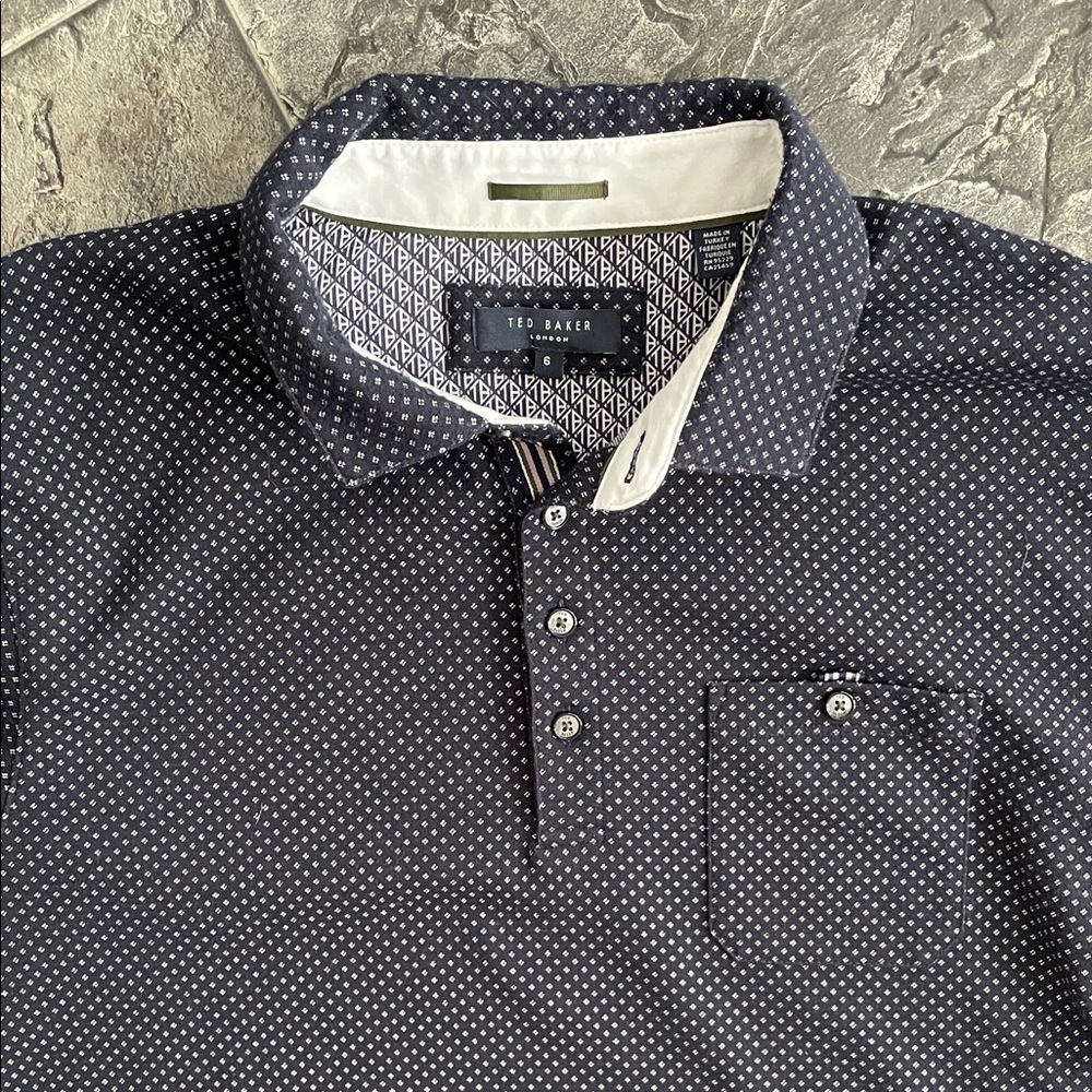 TED BAKER Navy Geometric Mens Long-Sleeve Preppy Business Casual Polo Sweater